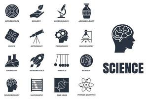 conjunto de ilustración de vector de logotipo de icono de ciencia. biología, química, neurobiología, física, microbiología, lógica, astronomía y más plantilla de símbolo de paquete para la colección de diseño gráfico y web