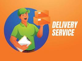 a male courier delivering packages holding clipboard and package vector