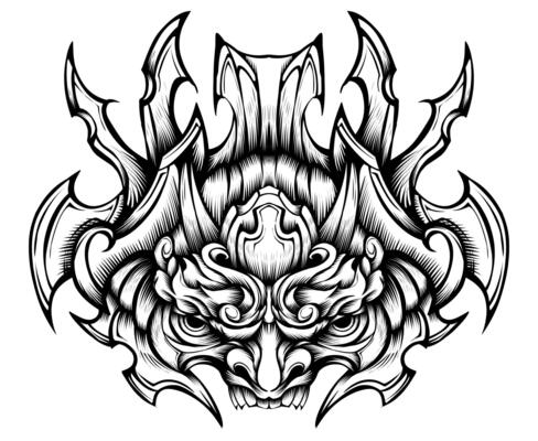 Hand drawn oni mask tribal tattoo illustration