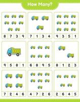 juego de conteo, cuántos camiones. juego educativo para niños, hoja de cálculo imprimible, ilustración vectorial vector