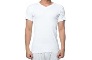 White t-shirt on a young man isolated on white background photo