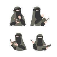 muslimah niqabis con estudio de pluma y libro vector