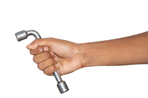 Hand of car mechanic with a wrench. Isolated over transparent background png