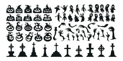 Set of Halloween Silhouette Icon and Character. Halloween Vector Illustration Isolated on White Background