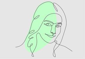 Continuous one line drawing of a woman's face. Horizontal Elegant minimalistic portrait of female with abstract pastel shape for a logo, emblem or web banner. Vector illustration