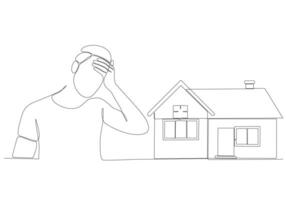 continuous line sad man wants to buy a house vector illustration