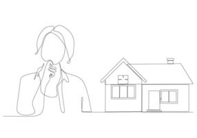 continuous line of woman thinking about buying a house vector illustration