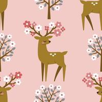 Seamless pattern with cute vintage fawn on floral background. Perfect for textile, wallpaper or print design. vector