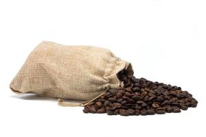 Coffee beans with burlap bag on white background photo