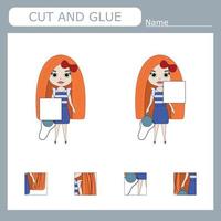 Worksheet vector design, the task is to cut and glue a piece on girls.  Logic game for children.