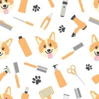 herramientas de aseo y patrón sin costuras de cabeza de corgi sobre fondo blanco vector