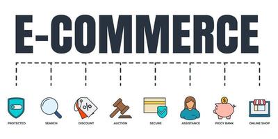 E commerce banner web icon set. piggy bank, search, secure, protected shield, auction, online shop, discount, assistance vector illustration concept