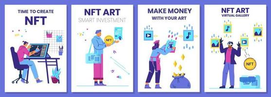 NFT non fungible token concept vector set of cards. People creating, selling, choosing and buying NFT art  illustrations.