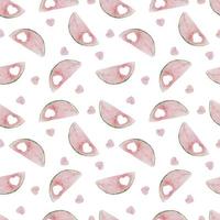 Watercolor seamless pattern with watermelon half circle pink slices on white with hearts. Summer template background with fruit for postcards and cards vector