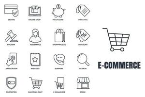 Set of E-commerce icon logo vector illustration. shopping cart, wish list, piggy bank, search, secure, protected shield and more pack symbol template for graphic and web design collection