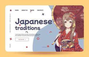 Anime manga girls in traditional Japanese kimono costume holding umbrella. Learn Japanese - Landing page template vector