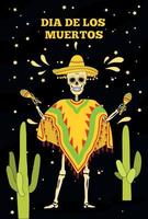 Day of the dead, Dia de los moertos, banner with colorful Mexican flowers. Vector skeleton skull in sombrero. Smiling sugar festive skull. Poncho, maracas. Mexico