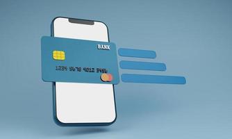 Smartphone blank display with credit card and speech bubble.Shopping mobile app,Cashback and banking,money-saving.Mock up empty screen copy space,Isolate background.3D rendering illustration. photo