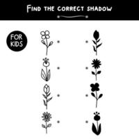 Small cute black flowers. Find the correct shadow. Educational game for children. Cartoon vector illustration