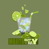 Afiche del día nacional del mojito el 11 de julio. vaso de mojito con lima, menta, diseño de vectores de hielo.