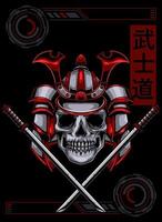 diseño de ilustración de calavera samurai con katana y estilo futurista vector