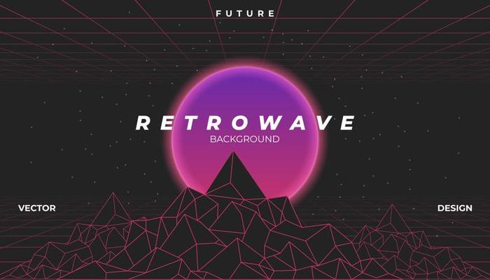 Retro Background Mountain Landscape 80s Styled. Synthwave, retrowave, cyber neon.