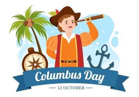 Happy Columbus Day National Holiday Hand Drawn Cartoon Illustration with Blue Waves, Compass, Ship and USA Flags in Flat Style Background vector
