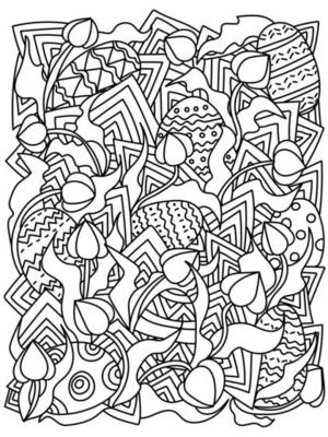 Find the Easter eggs coloring page with ornate corners patterns and tulips for holiday activity