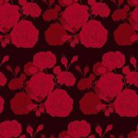 bouquet of bright red roses, a branch with flowers, leaves and buds, on a dark background. Seamless pattern vector illustration.