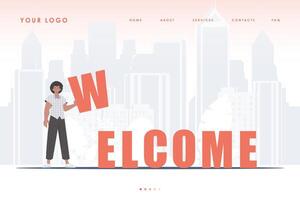 Welcome landing page. A man stands and holds the letter W in his hands. The home page of the site. Trend style character. Vector illustration.