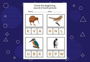 Circle the beginning sound of each bird. Educational game for kids vector