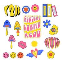 Retro stickers set. Y2k trendy hipster vector design. Fun groovy retro clipart elements.