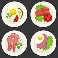 Set of 4 sipmle breakfasts with ham, egg, lettuce, salmon, tomato, avocado, omelet. Cartoon vector illustration