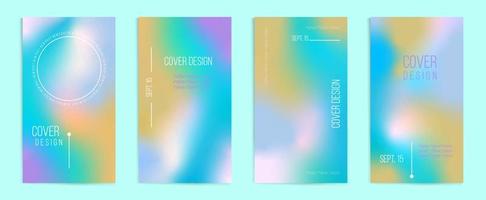 Holographic vertical stories, cover templates design set for social media posts and stories banners. Blurry abstract backgrounds. Vector geometric covers with rainbow gradient in 90s, 80s retro style