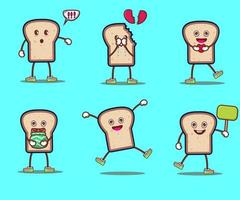 set of bread character as cartoon food characters. Different expression for cute character vector illustration