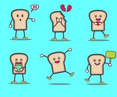 set of bread character as cartoon food characters. Different expression for cute character vector illustration