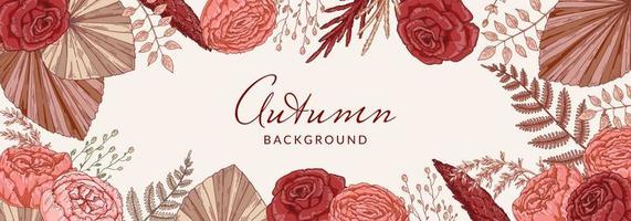 Autumn horizontal banner with modern floral elements. Hand drawn botanical vector illustration. Space for text