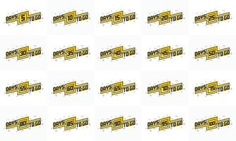 Days to go sells promotion marketing design set. 5, 10, 15, 20, 25, 30, 35, 40, 45, 50, 55, 60, 65, 70, 75, 80, 85, 90, 95, 100 days to go countdown design bundle. vector