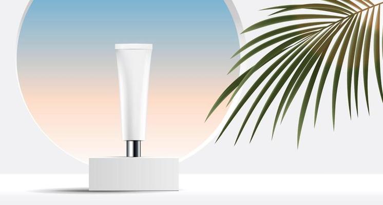 Cosmetic gray background and premium podium display for product presentation branding and packaging presentation. studio stage with shadow of leaf background. vector design