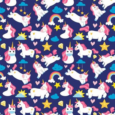 Cartoon pink unicorns girls fashion sketch icons with fancy rainbow, stars, clouds and other details. A mix with a unicorn and a trifle. Pattern