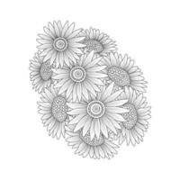 Dibujo a lápiz de página para colorear de girasol de diseño vectorial y flor floreciente de estilo de diseño de garabatos de arte lineal vector