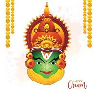 ilustración de la tarjeta de felicitación para el onam del festival del sur de la india con fondo de cara kathakali vector