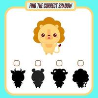 Find the right shadow. Cute cartoon lion. Educational game with animals. Logic games for children with an answer. A training card with a task for preschool and kindergarten children vector