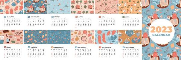 Calendario 2023 con 12 meses. plantilla de diseño vertical. cuatro estaciones naturaleza lindos patrones acogedores. estado de ánimo natural. ilustración vectorial en estilo de dibujos animados planos. semana a partir del domingo. vector