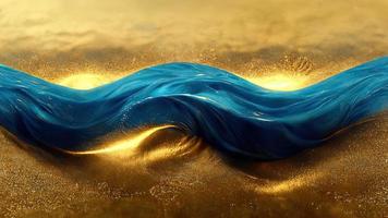 Blue wave with gold sparkles in a gold ring. Beautiful sea background. Water and gold. Hi tech. AI. photo