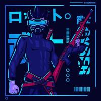 Samurai cyberpunk fiction character vector. Colorful t-shirt design illustration. Translation Robot Samurai Robot. vector