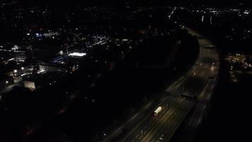 Night Aerial View of British Motorways with illuminated Roads and Traffic video