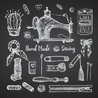 Set of hand-drawn chalk vintage sewing tools. Sew machine, Needle, scissors, mannequin, buttons, tailor meter. Sketch engraving style. Logos, icons elements isolated on chalkboard background. Vector