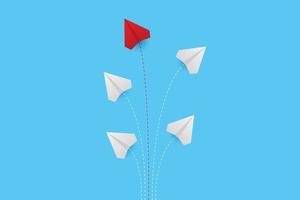 concepto mínimo de idea creativa de negocio. aviones de papel creativos sobre fondo azul. avión rojo cambiando de dirección. nueva idea, cambio, tendencia, coraje, solución creativa, innovación y concepto único. vector