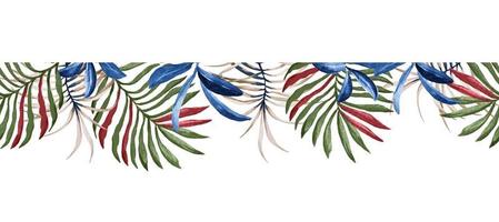 hojas de palma de borde transparente y flores con acuarela. borde botánico para el diseño de la frontera. estilo de la naturaleza vector